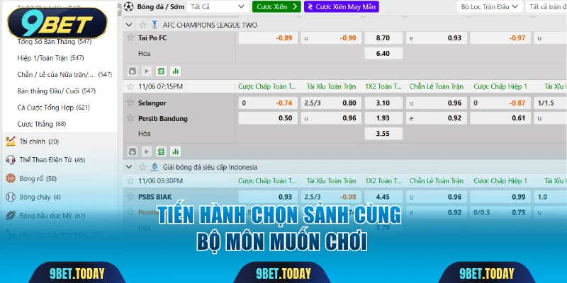 Tiến hành chọn sảnh cùng bộ môn muốn chơi